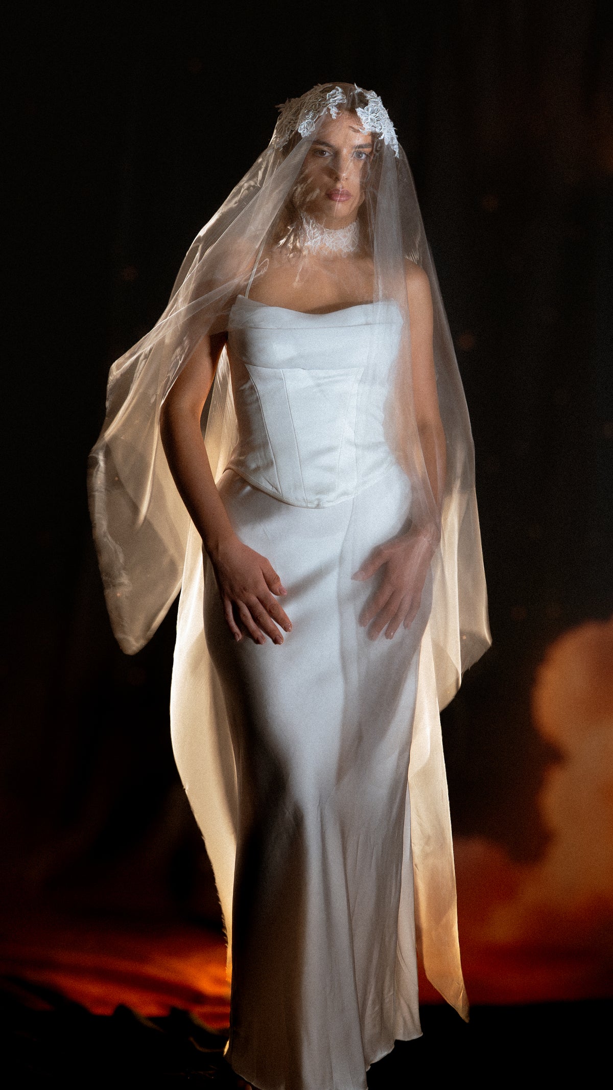 Modern French Chantilly lace wedding veil in Japanese super organza by Ephemeris