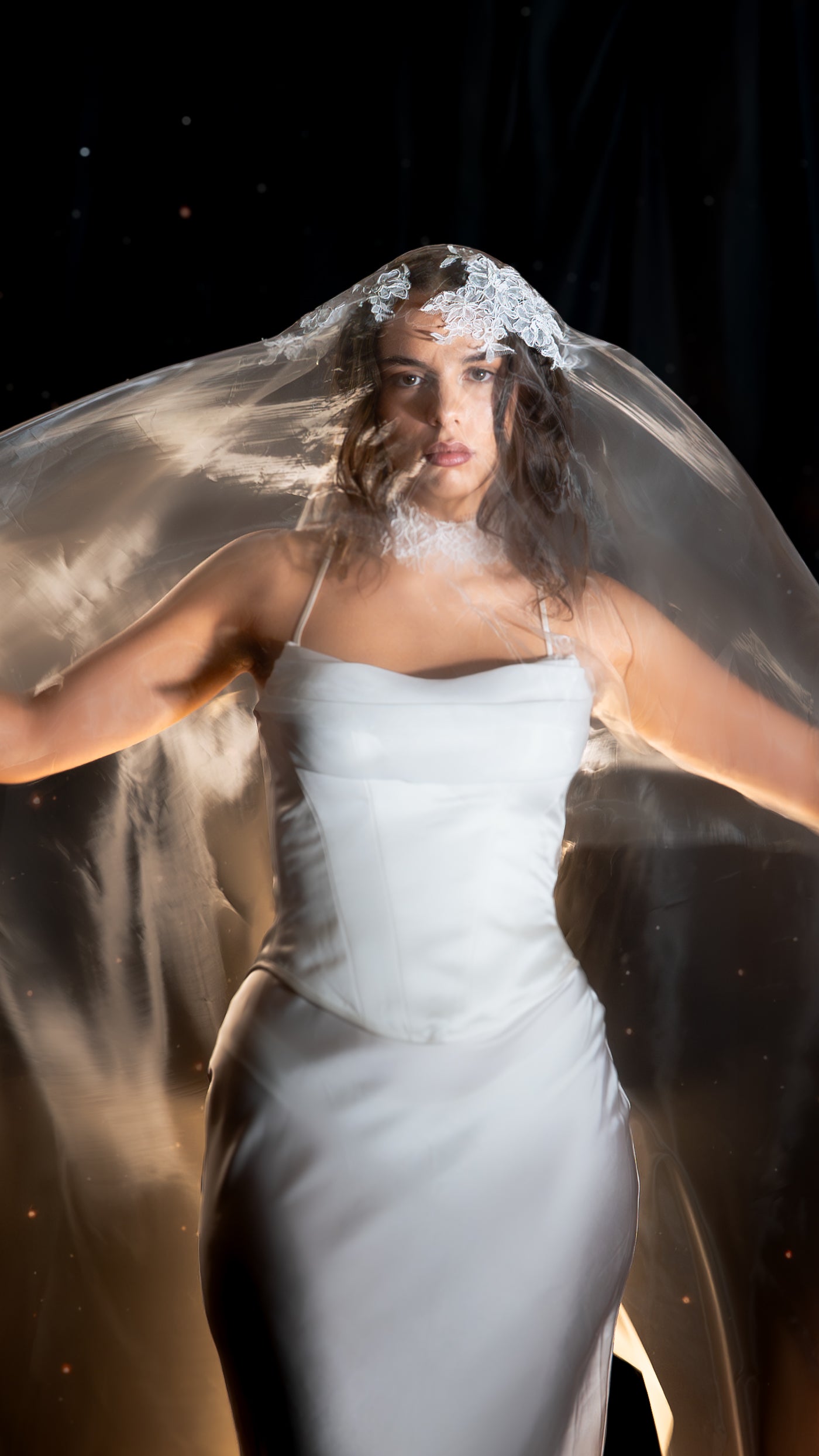 Modern French Chantilly lace wedding veil in Japanese super organza by Ephemeris