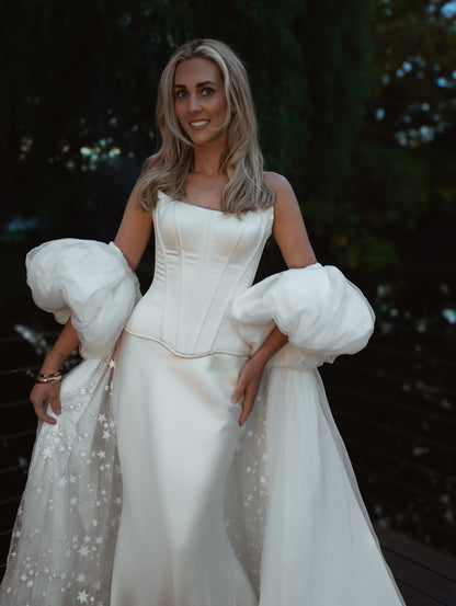 vogue editorial style wedding vintage inspired bridal cape with puff sleeves - 2025 2026 wedding dress trend, castle wedding, ceremony outfit by boom blush