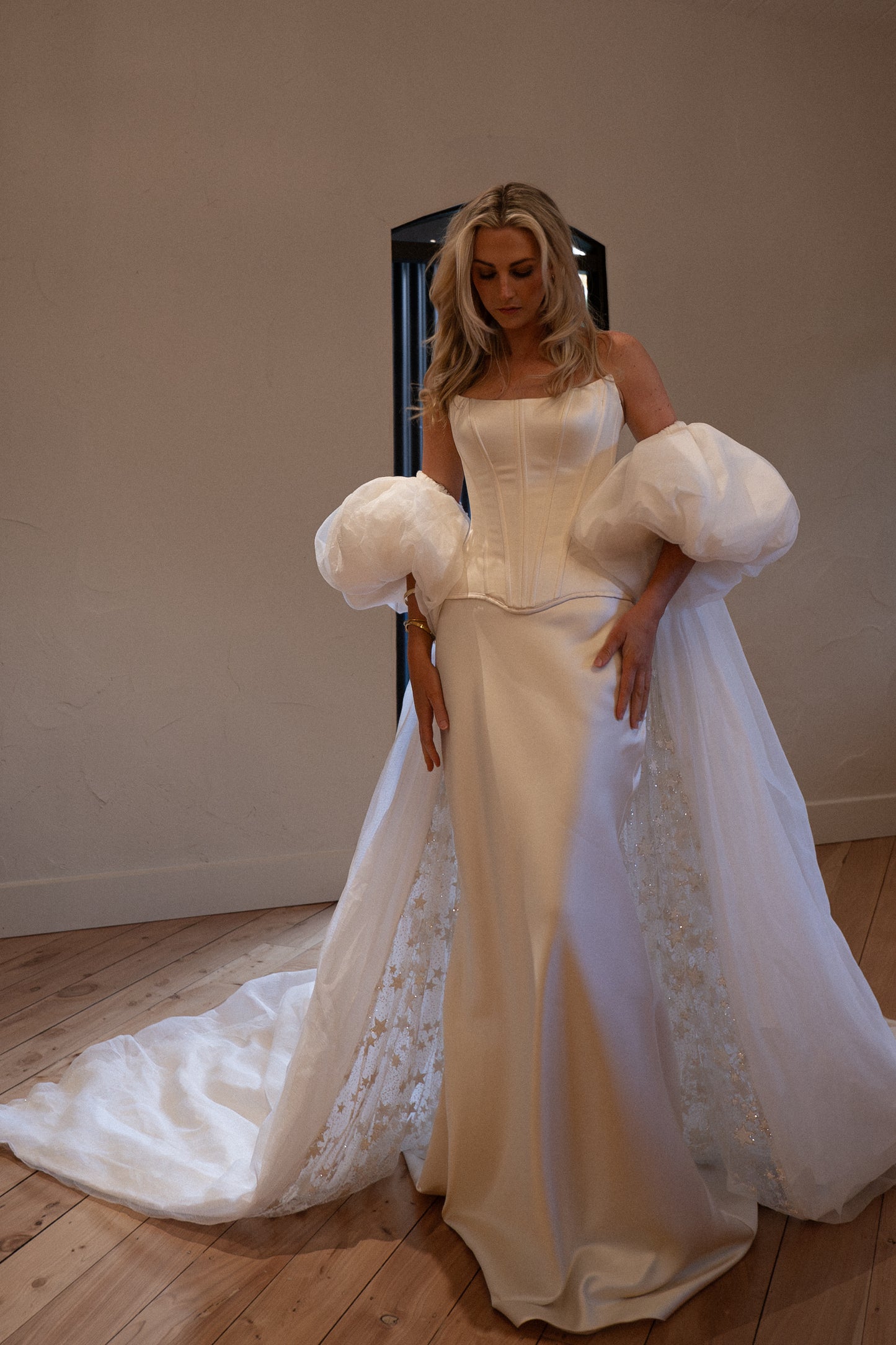 vogue editorial style wedding vintage inspired bridal cape with puff sleeves - 2025 2026 wedding dress trend, castle wedding, ceremony outfit by boom blush