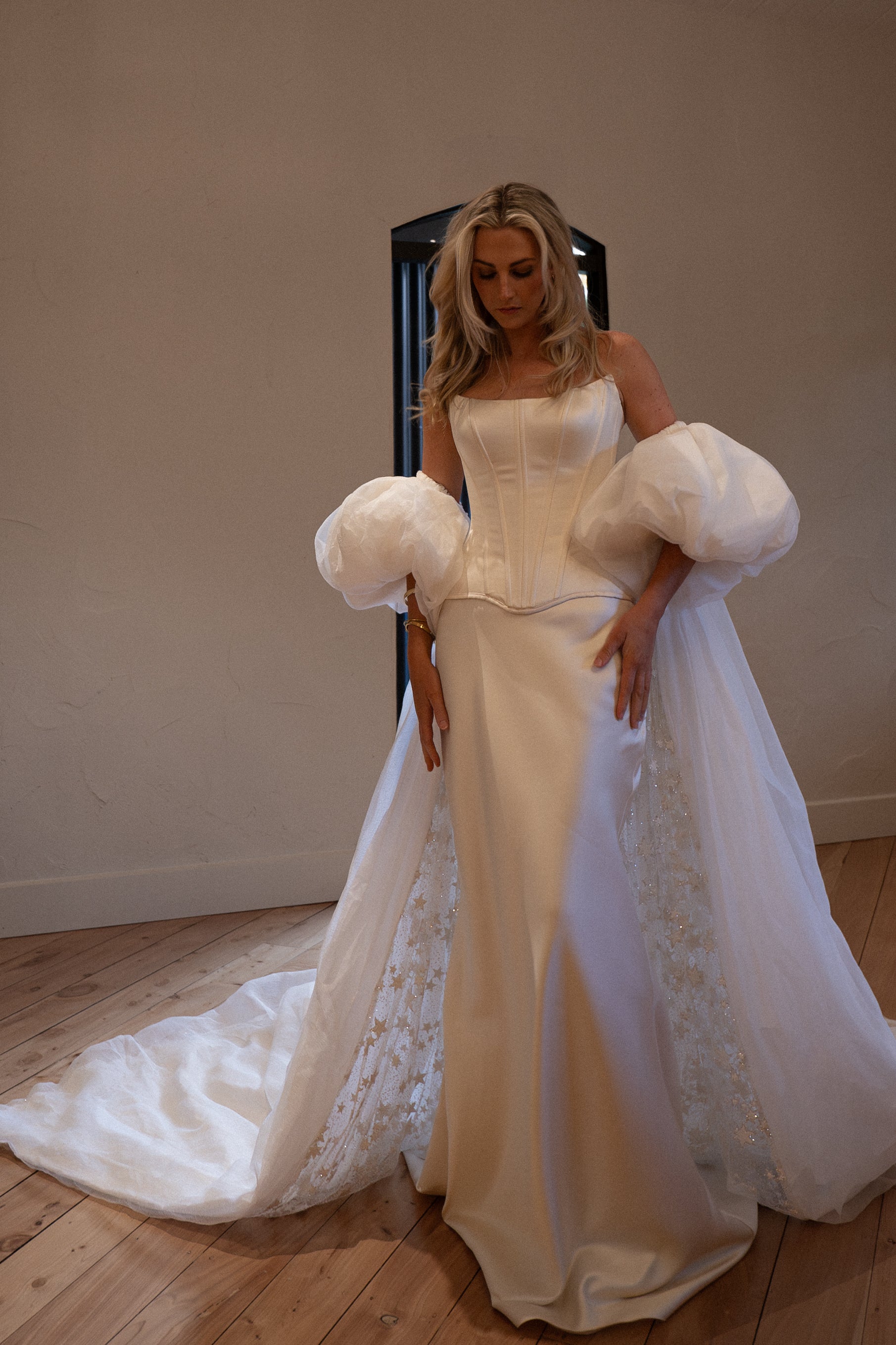 vogue editorial style wedding vintage inspired bridal cape with puff sleeves - 2025 2026 wedding dress trend, castle wedding, ceremony outfit by boom blush