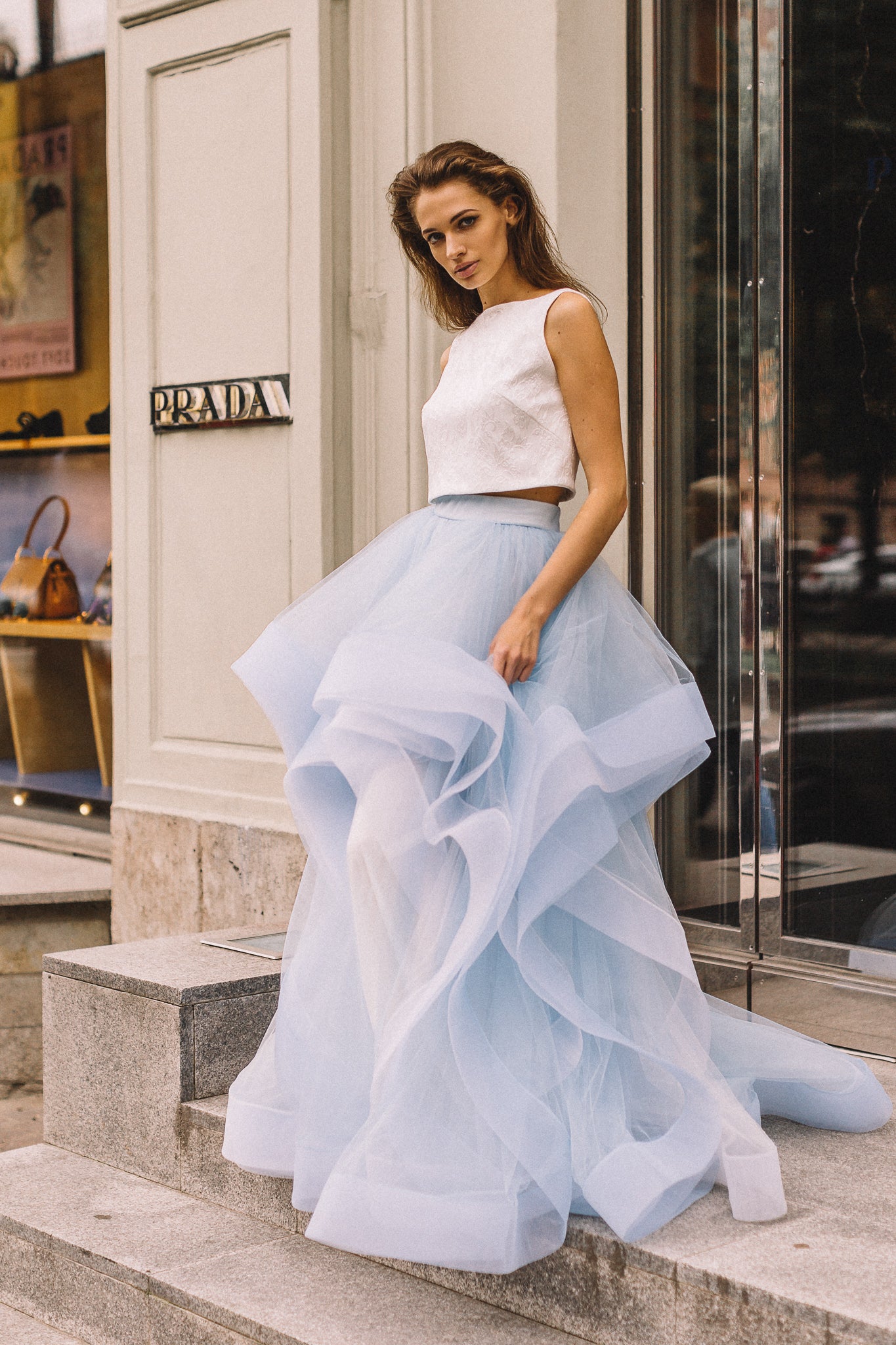 Modern Blue Two-Piece Wedding Dress with Tulle Skirt | Ready or Not