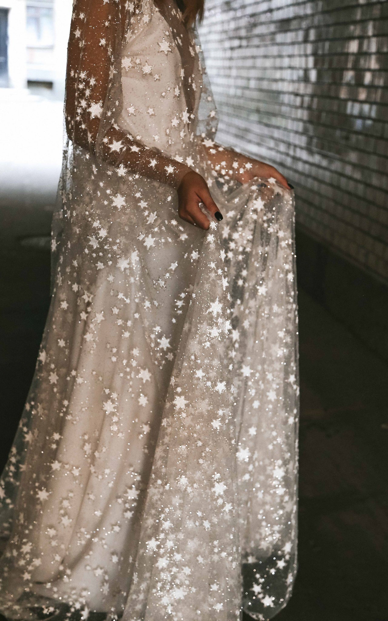  Fairytale Ethereal Dream Elegant Modern Long Sleeve Wedding Dress with Stars