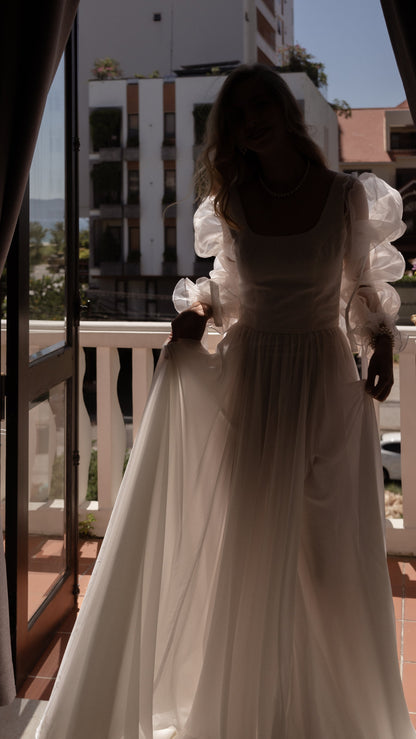 Pleated Long Sleeves Romantic Elegant Fairytale Wedding Dress 2024
