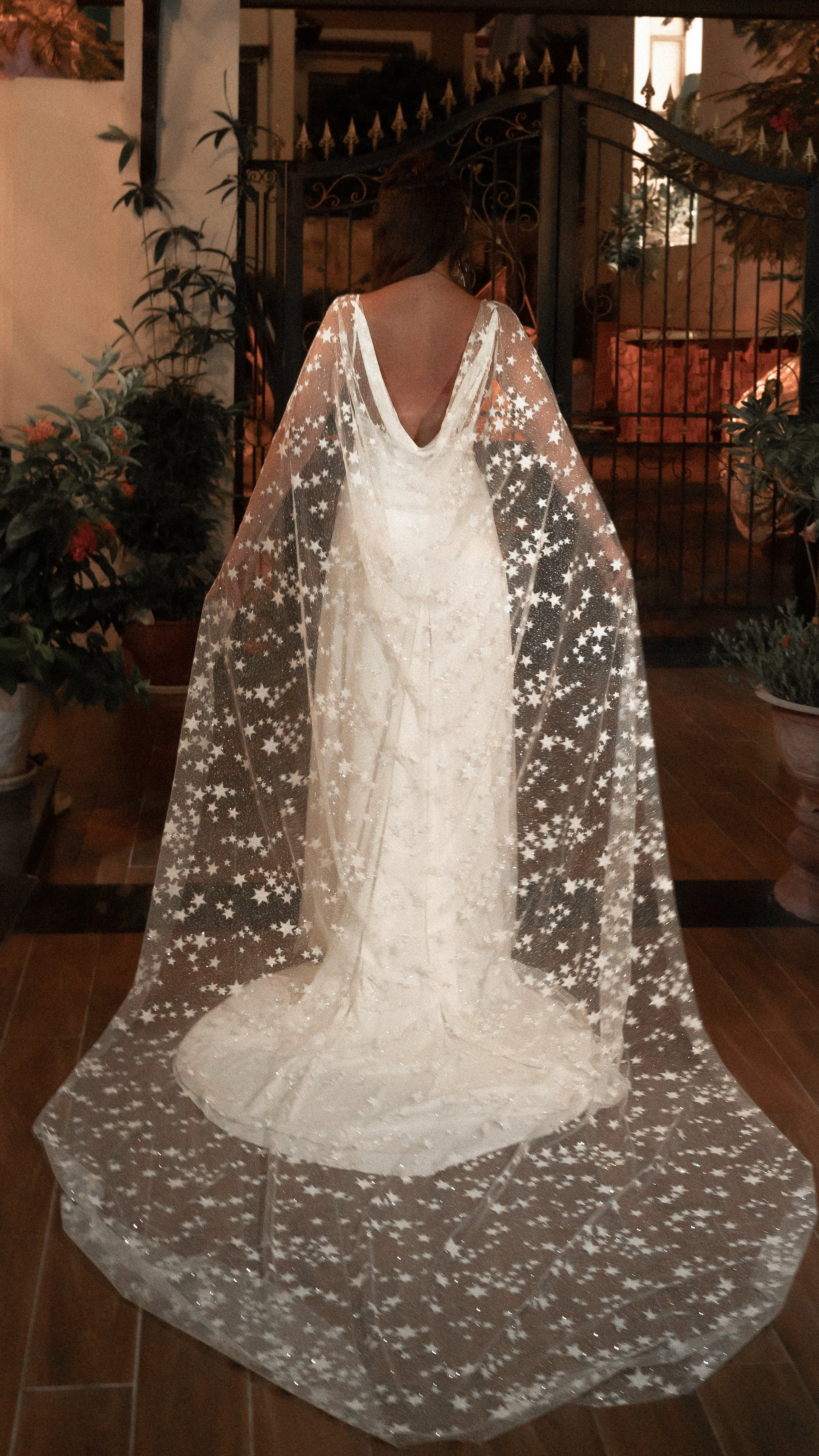 Ethereal Celestial Bridal Cape with Glowing Stars