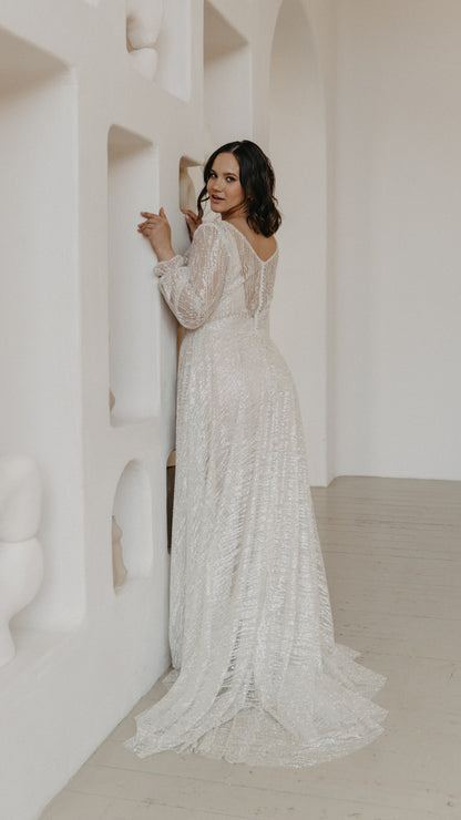 Dream Sparkly Wedding Dress with Long Sleeves A-line Plus Size 2024