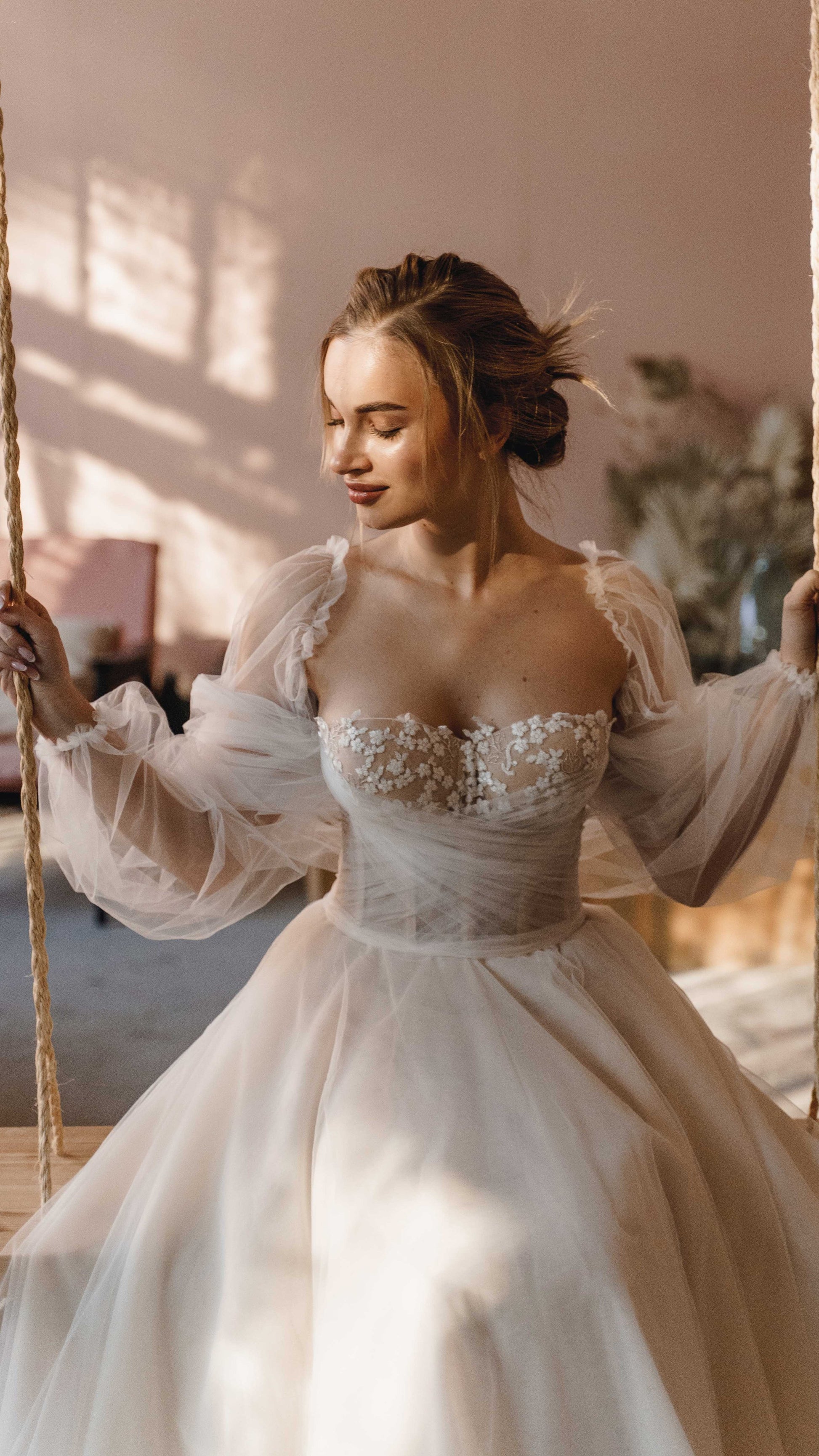 Dream Couture Corset Wedding Dress with Tulle Puff Sleeves, A-line Boom Blush Dream Couture Corset Wedding Dress with Tulle Puff Sleeves, A-line Boom Blush